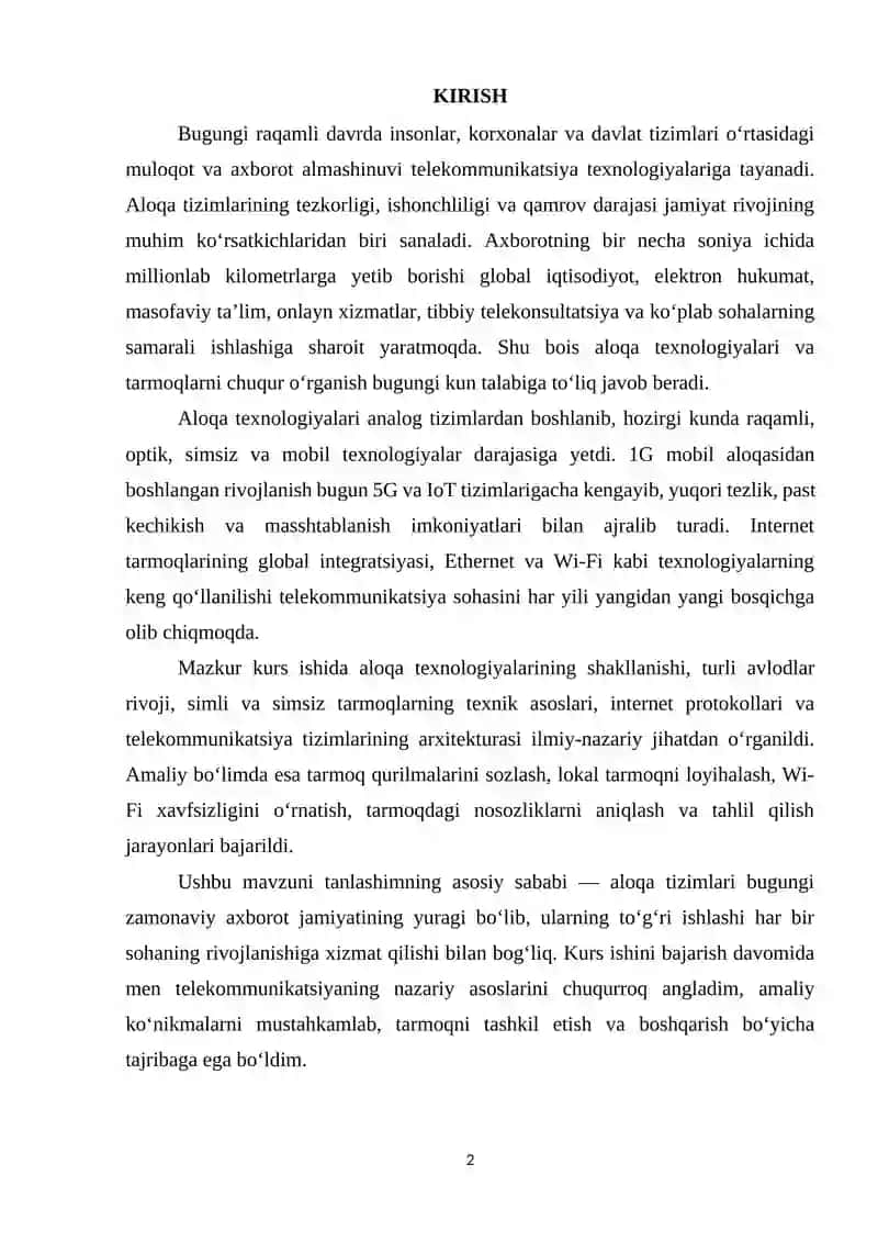 ALOQA TEXNOLOGIYALARI VA TARMOQLAR 2