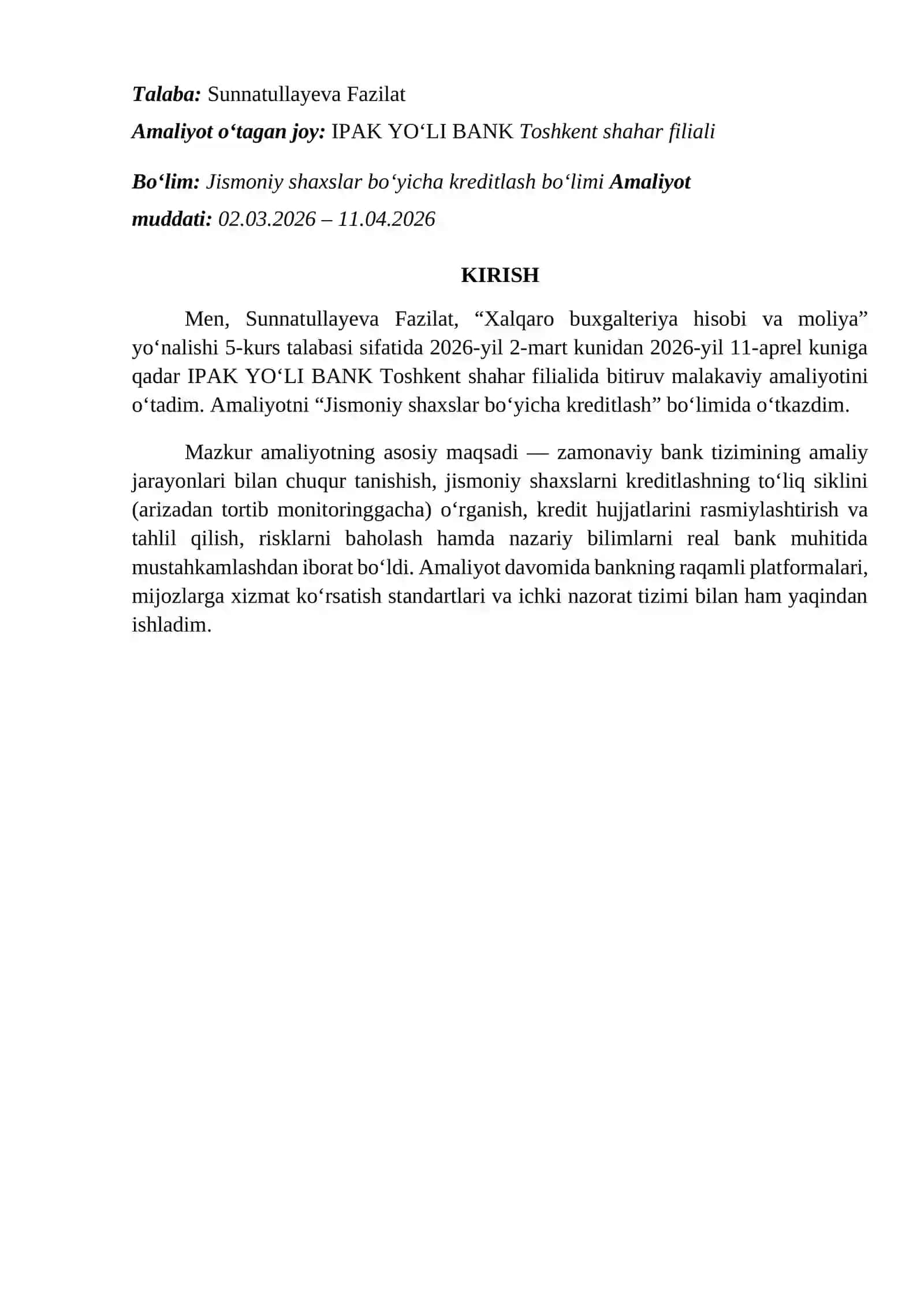 BITIRUV MALAKAVIY AMALIYOT. IPAK YOLI BANK 2