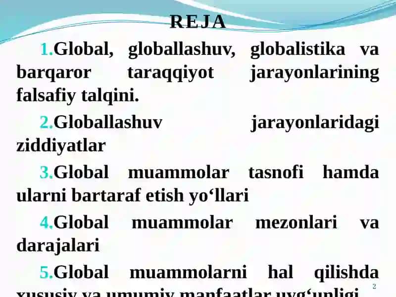 GLOBALJARAYONLAR VA BARQAROR TARAQQIYOT REJA 2