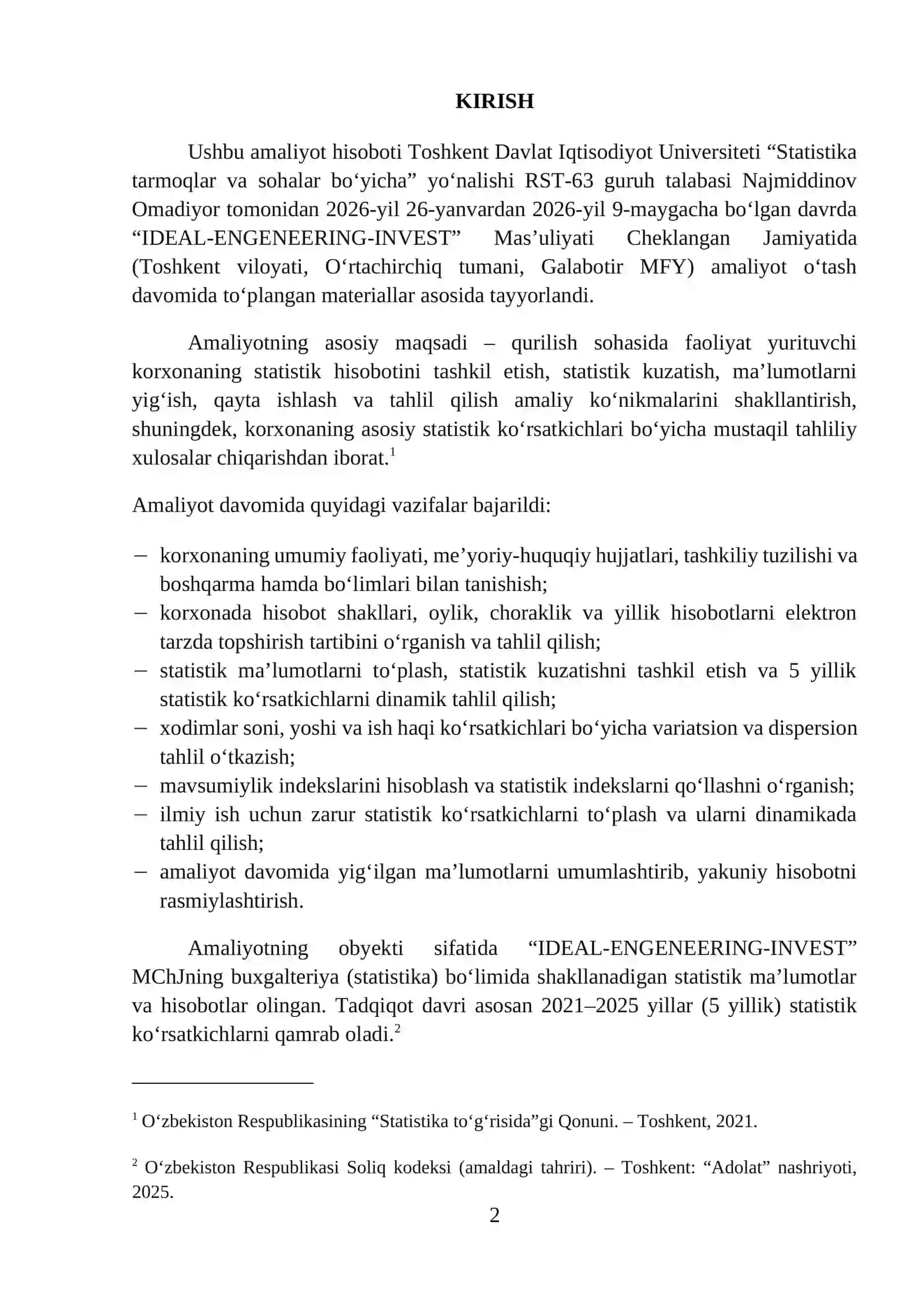 “IDEAL-ENGENEERING-INVEST” MChJ boʻyicha amaliyot hisoboti. 2