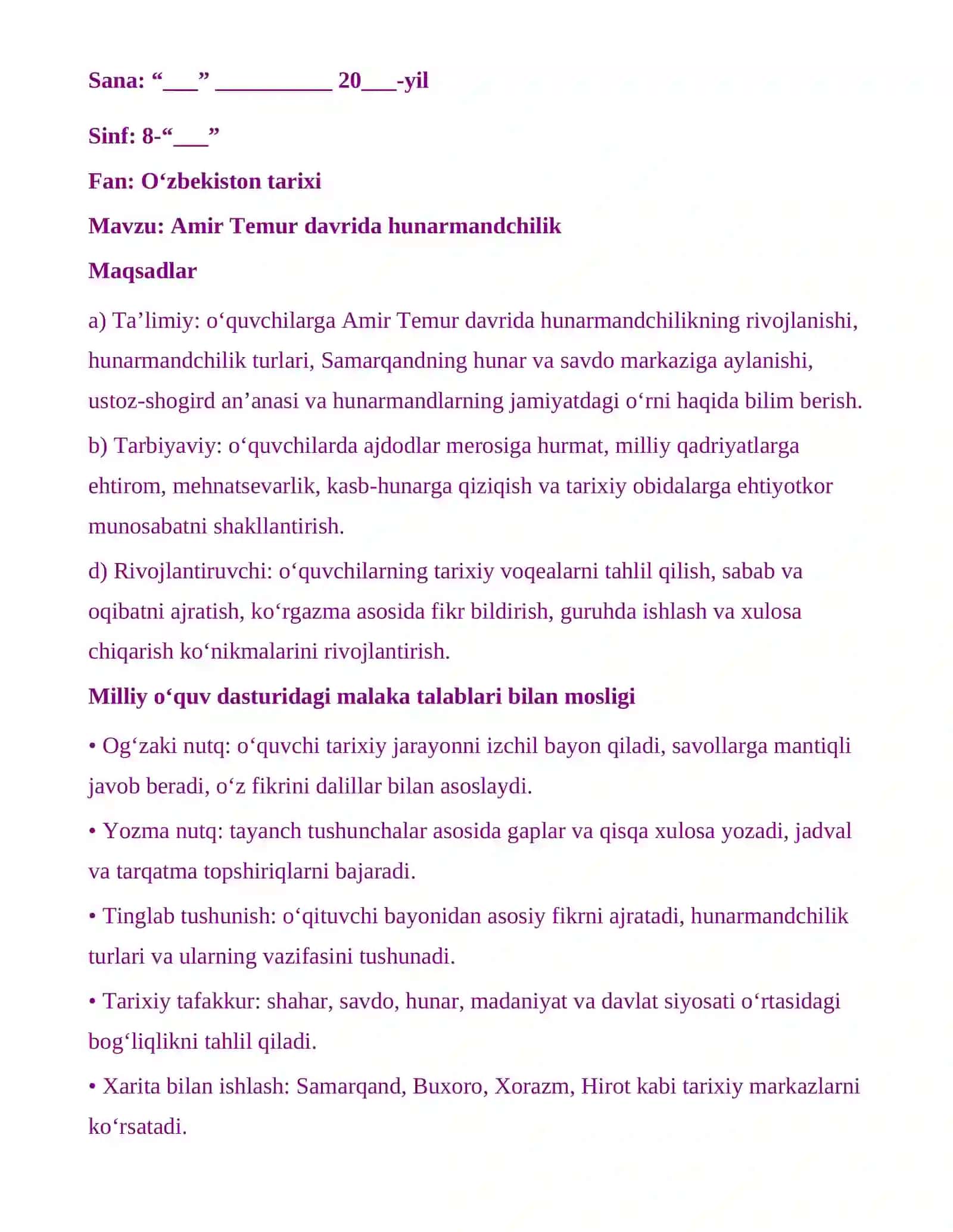 8-sinf O'zbkieston tarixi Amir Temur davrida hunarmandchilik 2