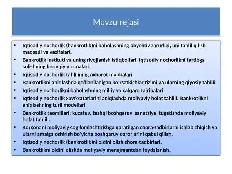 Korxonalar bankrotligini baholash va tahlil qilish 2
