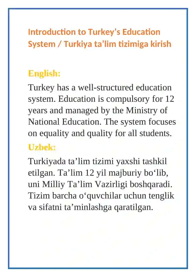 Introduction to Turkey’s Education System / Turkiya ta’lim tizimiga kirish 2