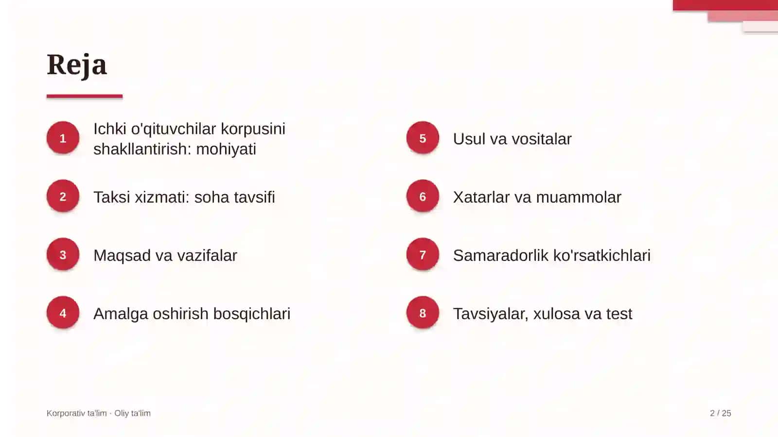 taksi xizmatida ichki o'qituvchilar korpusini shakllantirish 7544 2