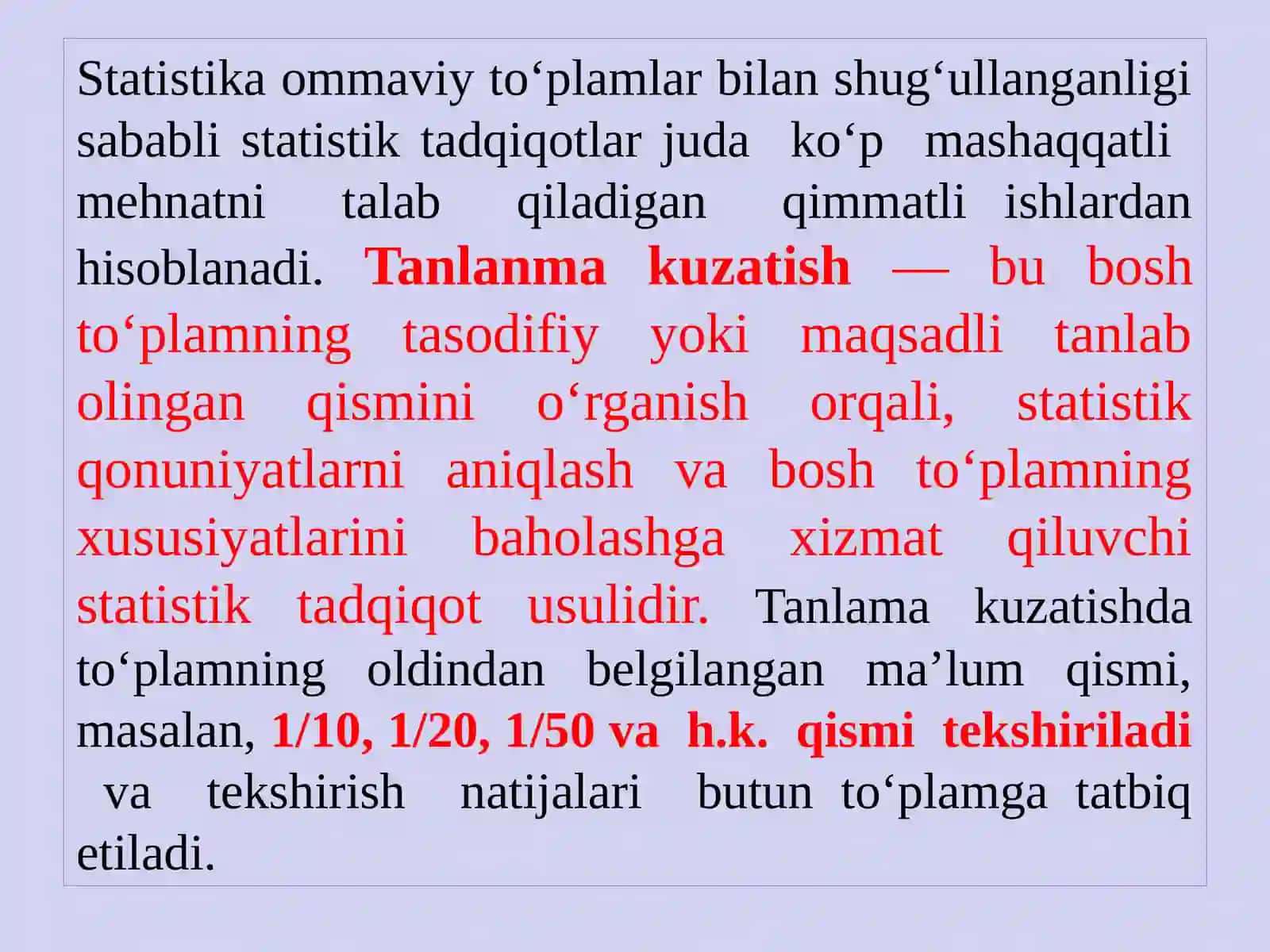 Statistika ommaviy to‘plamlar Tanlanma kuzatish 2