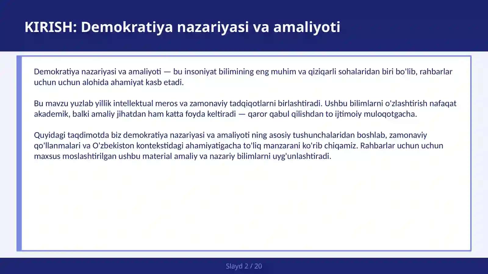 DEMOKRATIYA NAZARIYASI VA AMALIYOTI 2