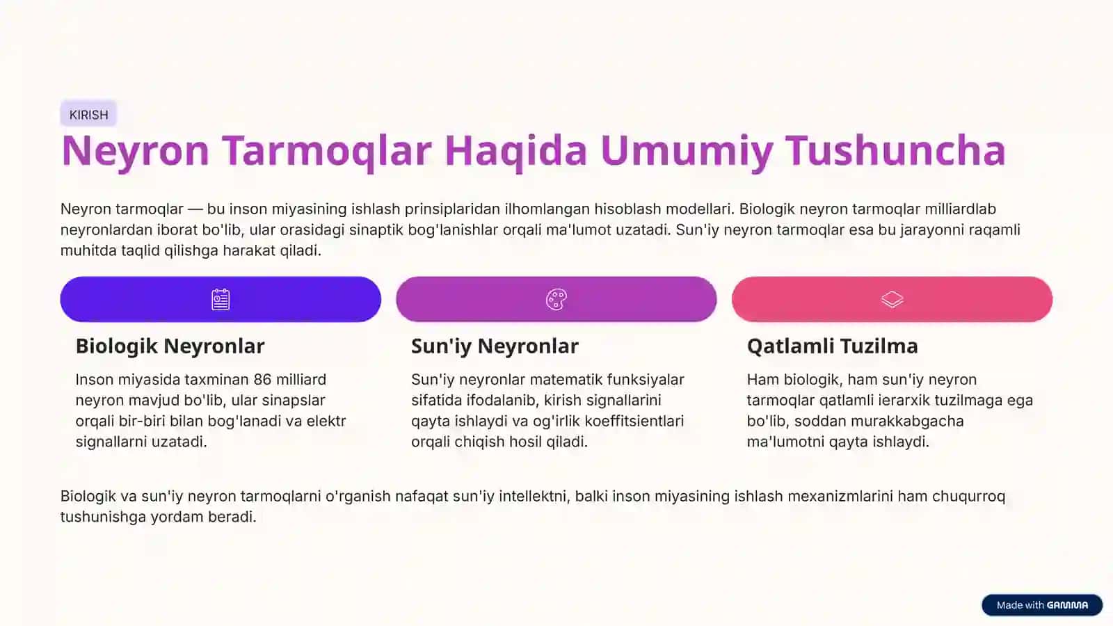 Biologik va Sun'iy Neyron Tarmoqlar 2