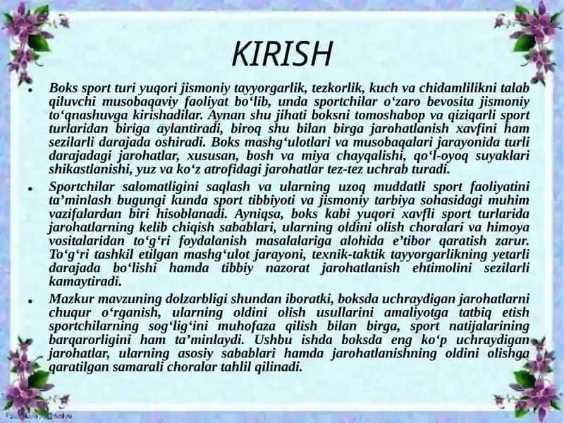 BOKSDA JAROHATLANISH VA UNING OLDINI OLISHmavzusida 2