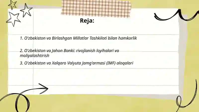 O'zbekiston xalqaro tashkilotlar bilan hamkorlik aloqalari 2