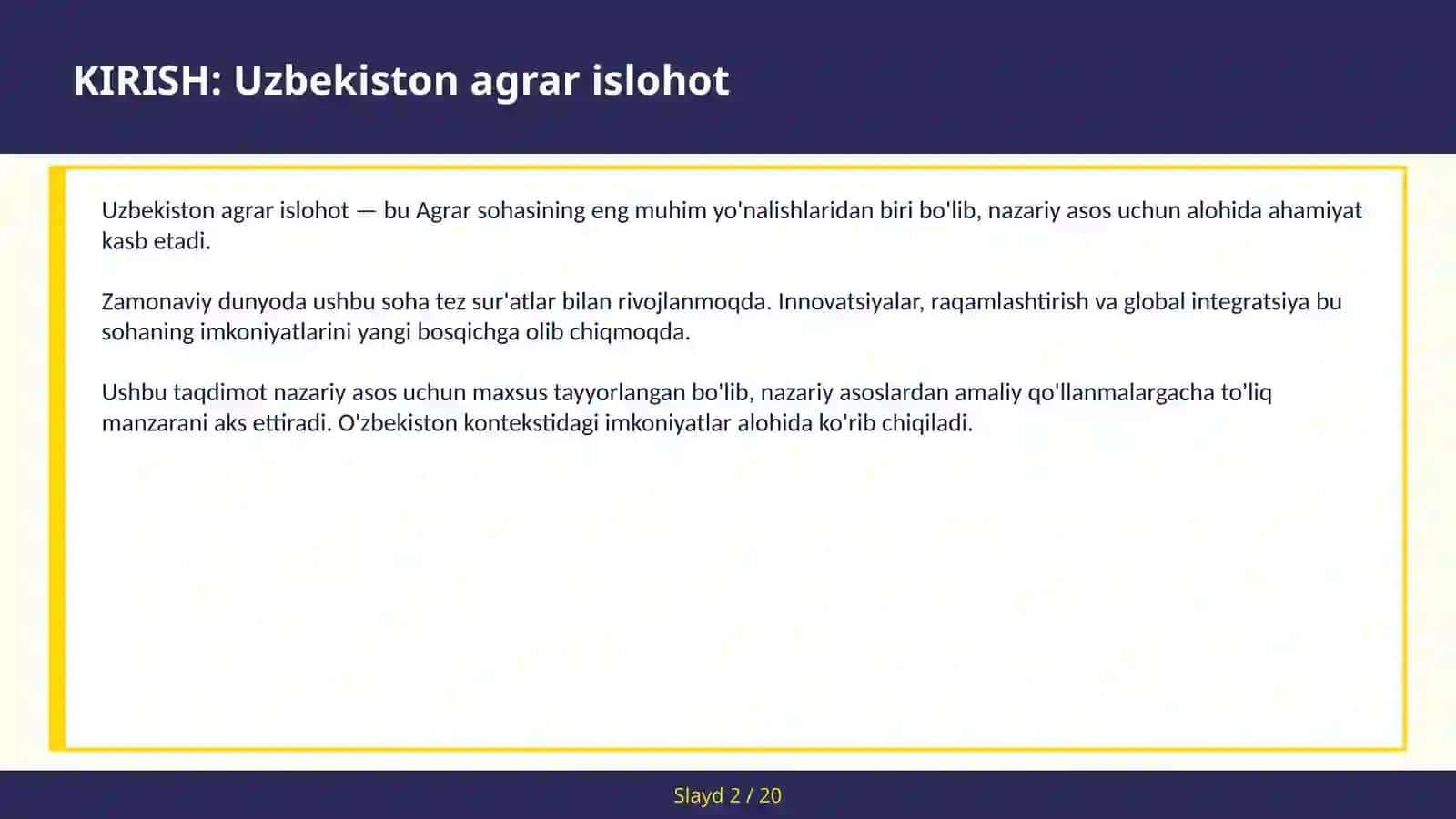 Uzbekiston agrar islohot 2