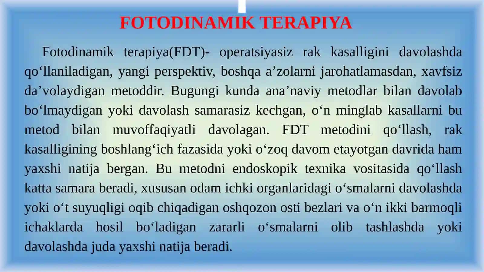 MA’RUZA.LAZERLARNING TIBBIYOTDA QO‘LLANILISHI 2