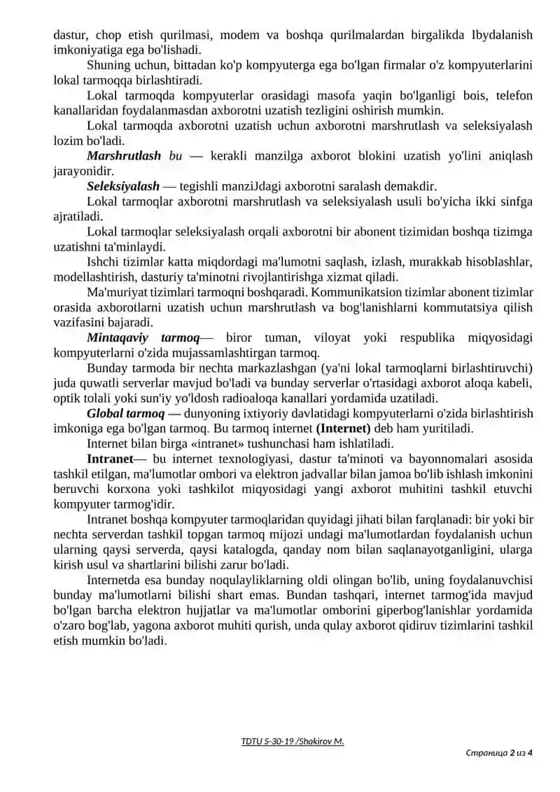 KOMPYUTER TARMOQLARI VA ULARDA ISHLASH ASOSLARI 2