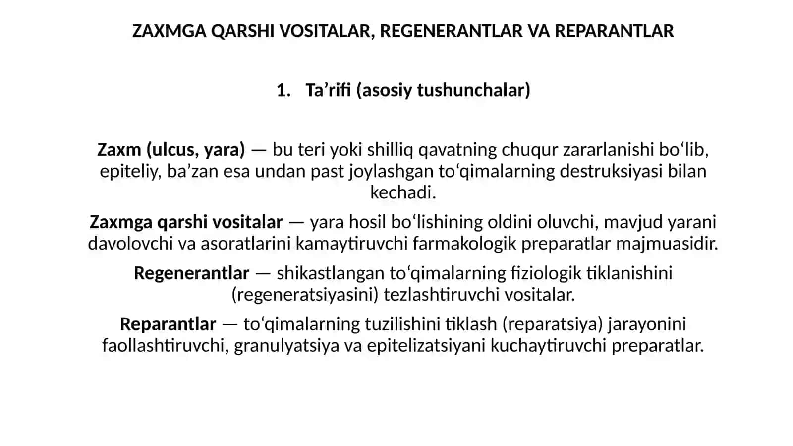 ZAXMGA QARSHI VOSITALAR, REGENERANTLAR VA REPARANTLAR 2