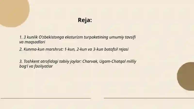 Oʻzbekistonga ekoturizm turpaket 3 kun 2