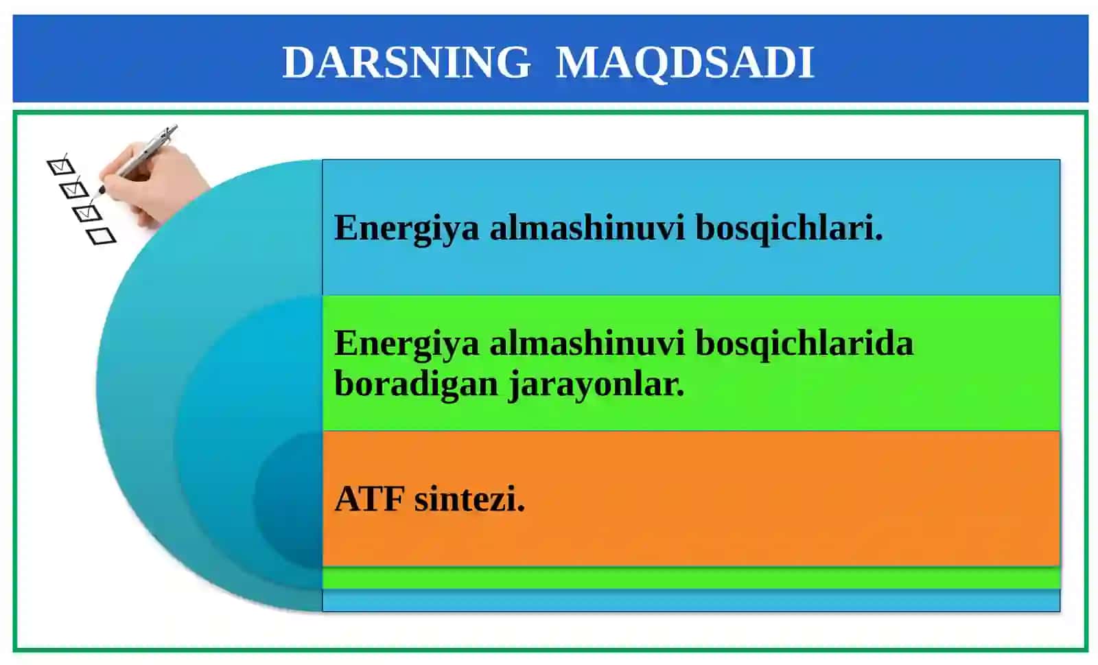 Energiya almashinuvibosqichlari. ATFsintezi 2