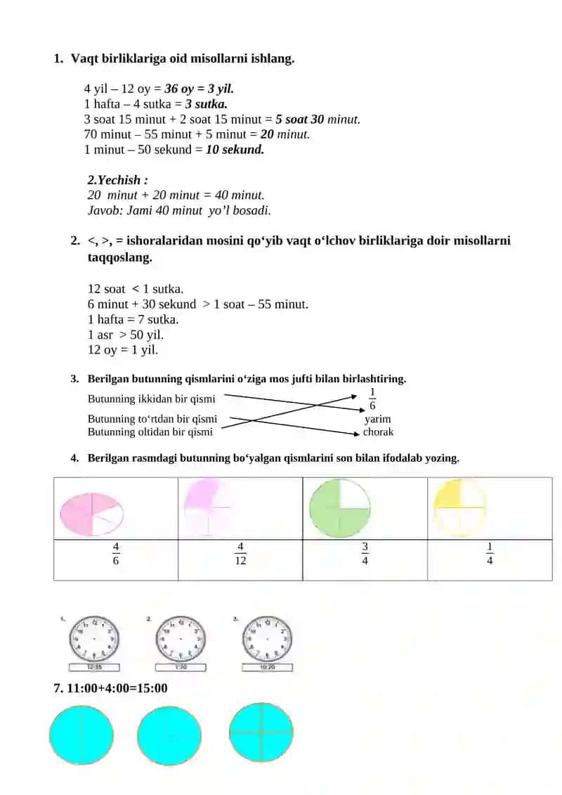 Vaqt birliklariga oid misollar 2