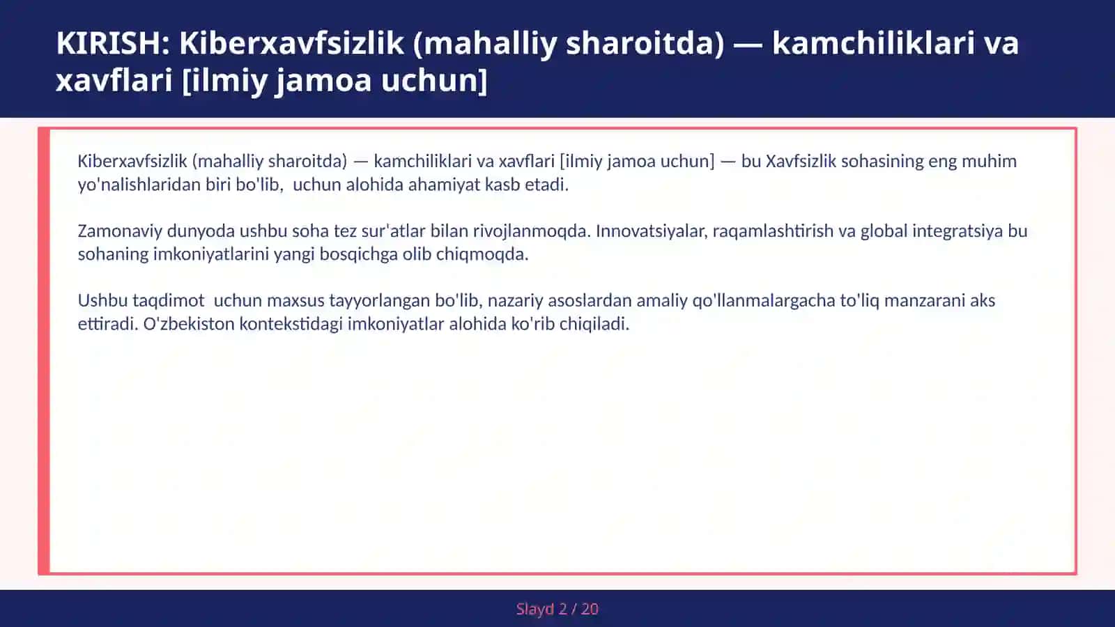 KIBERXAVFSIZLIK (MAHALLIY SHAROITDA) — KAMCHILIKLARI VA XAVFLARI [ILMIY JAMOA UCHUN] 2