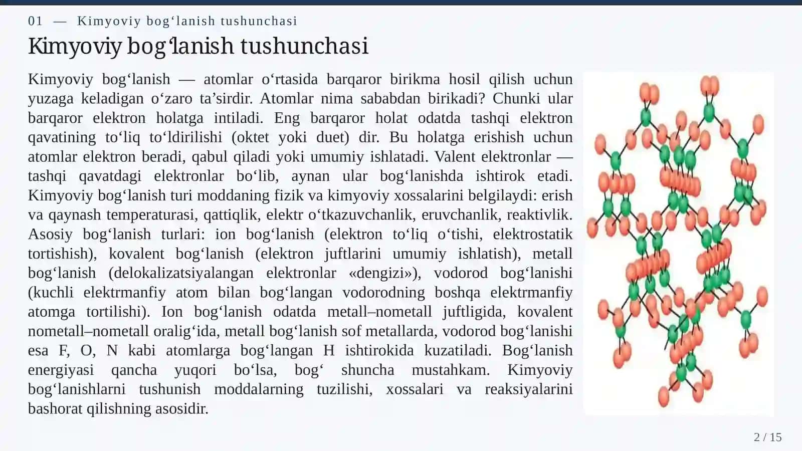 KIMYOVIY BOG‘LANISHLAR: ION, KOVALENT, METALL VA VODOROD BOG‘LANISHLARI 2