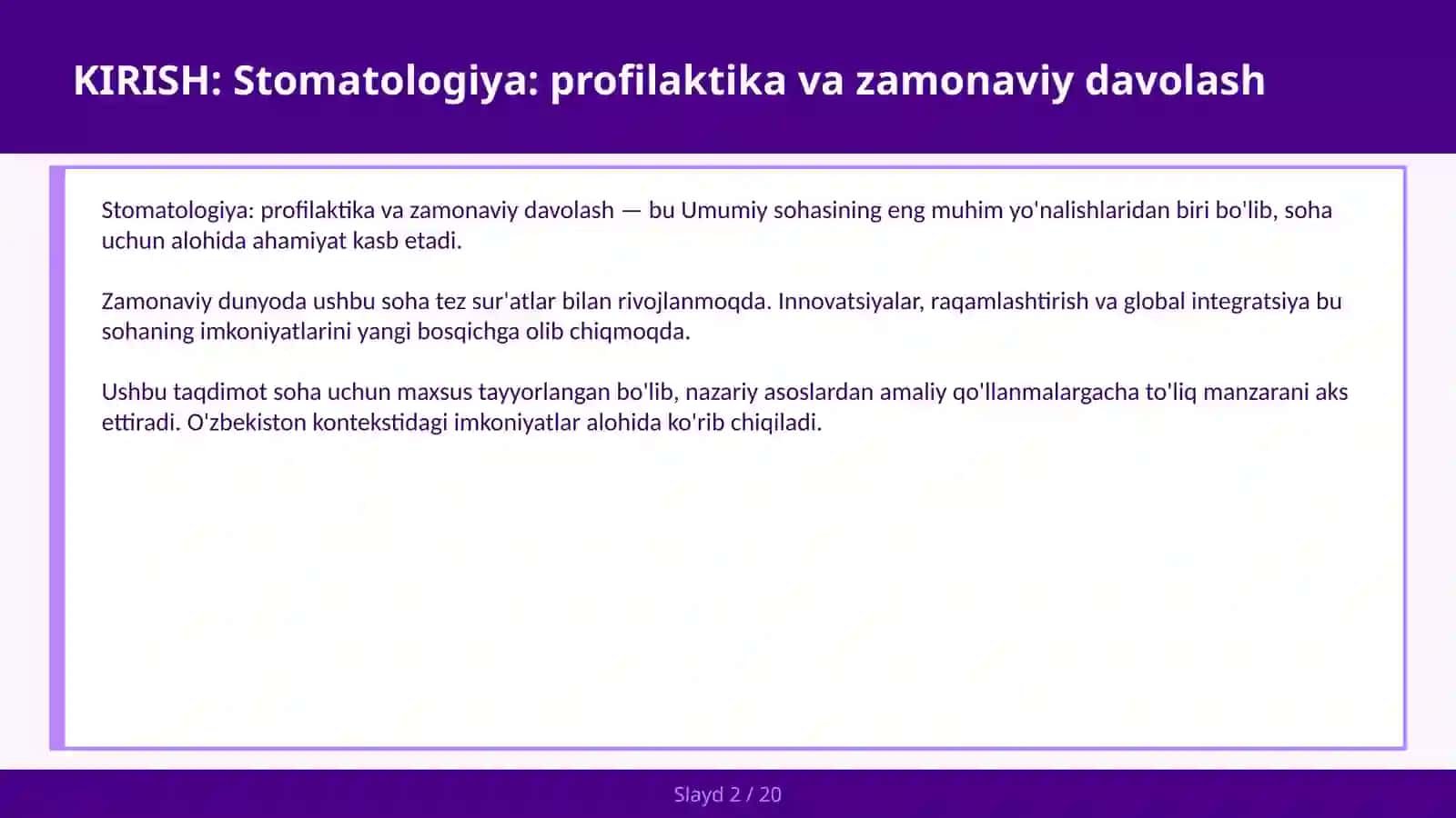 Stomatologiya: Profilaktika va Zamonaviy Davolash 2