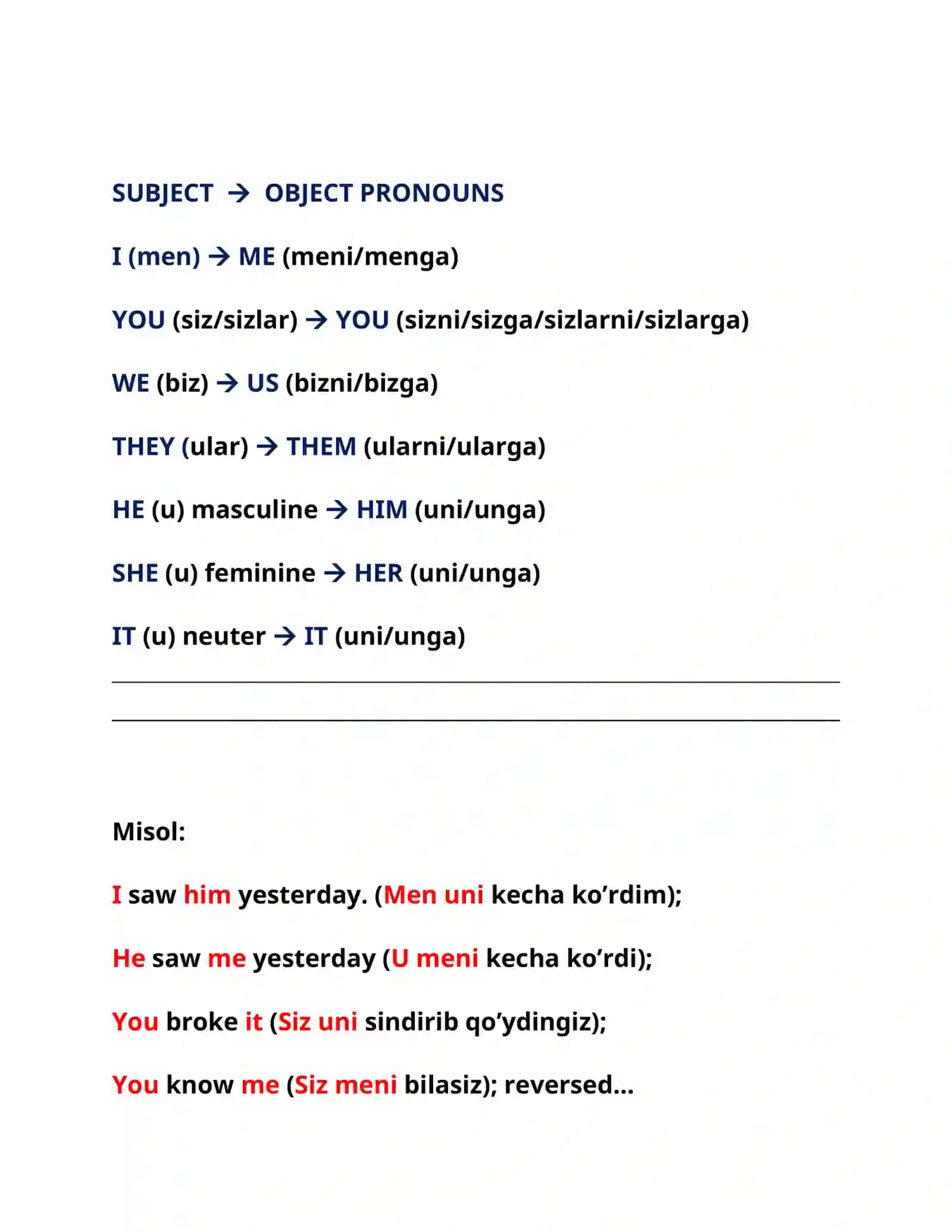 OBJECT PRONOUNS (TO’LDIRUVCHI OLMOSHLAR) POSSESSIVE ADJECTIVES (EGALIK SIFATLARI) 2