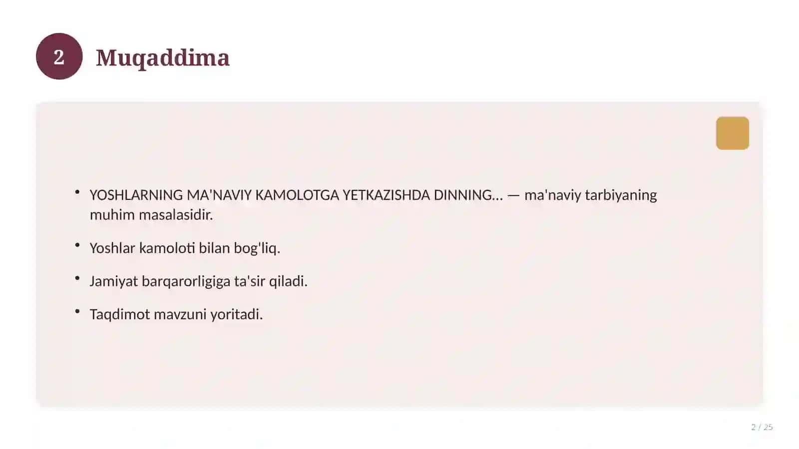 YOSHLARNING MA'NAVIY KAMOLOTGA YETKAZISHDA DINNING O‘RNI 2