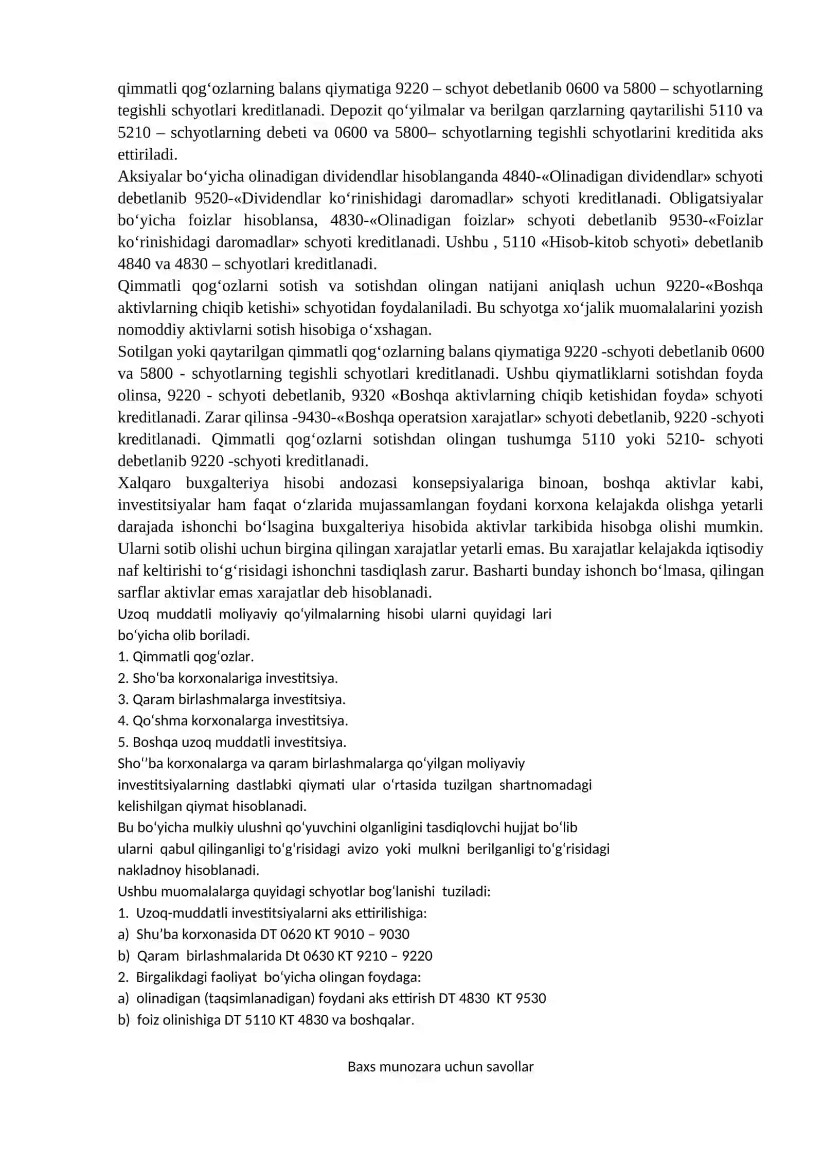 22-mavzu; Uzoq muddatli moliyaviy qo‘yilmalar harakatini hisobda aks ettirish 2