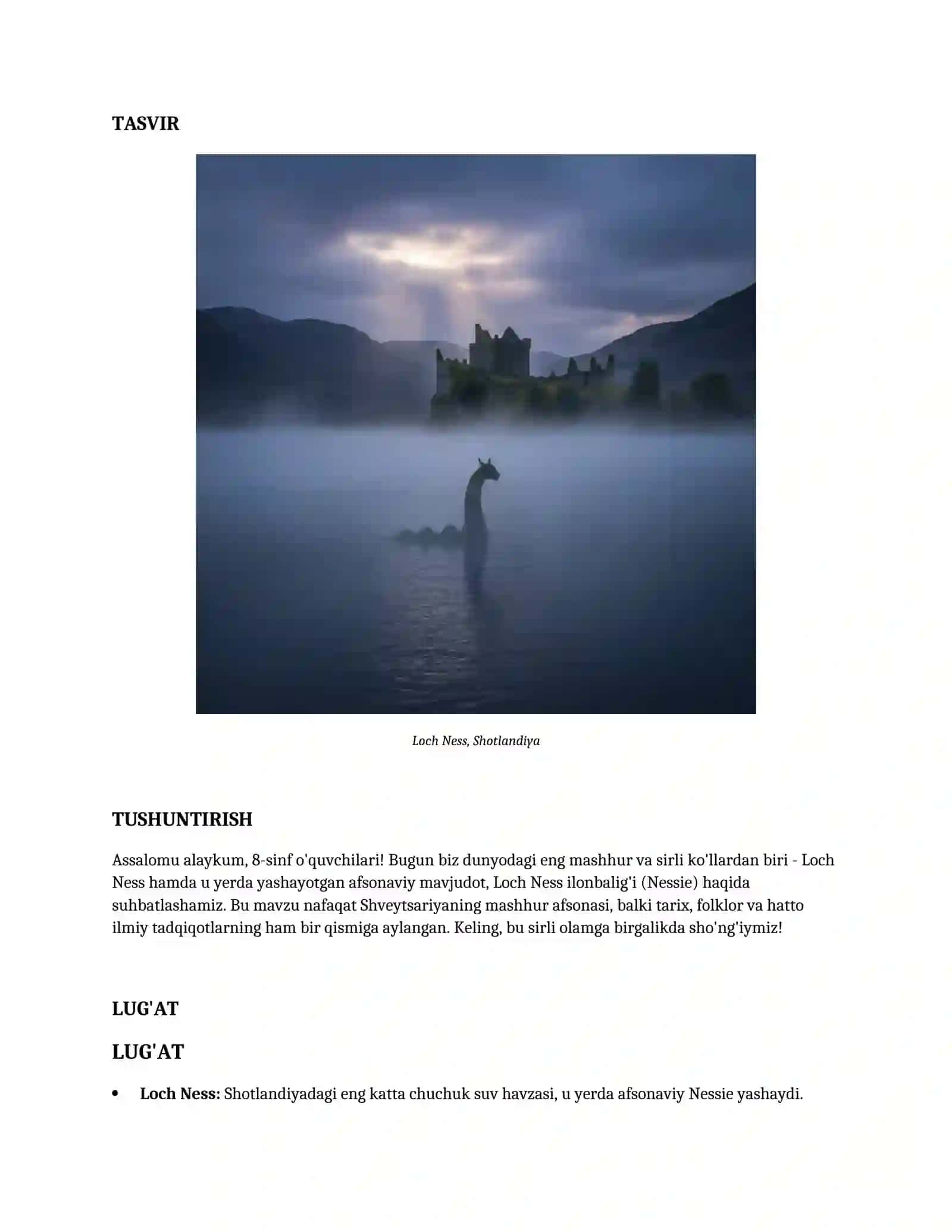 Lesson on Ingliz tili: Loch Ness, 8-sinf 2