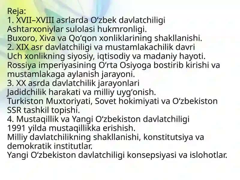 Oʻzbekistonning davlatchilik tarixi (XVII asrdan Yangi Oʻzbekiston davlatchiligigacha) 2