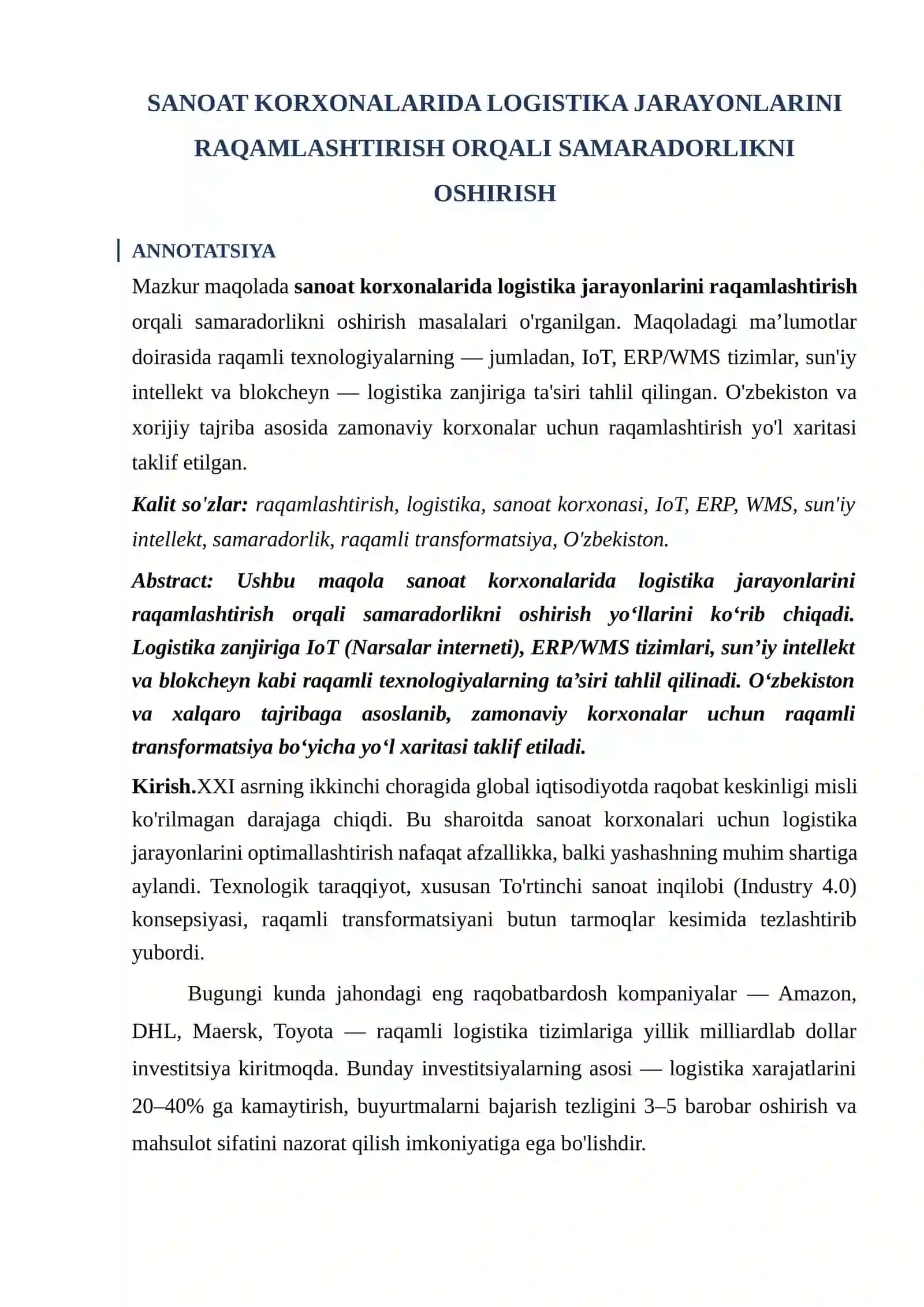 SANOAT KORXONALARIDA LOGISTIKA JARAYONLARINI RAQAMLASHTIRISH ORQALI SAMARADORLIKNI OSHIRISH 2
