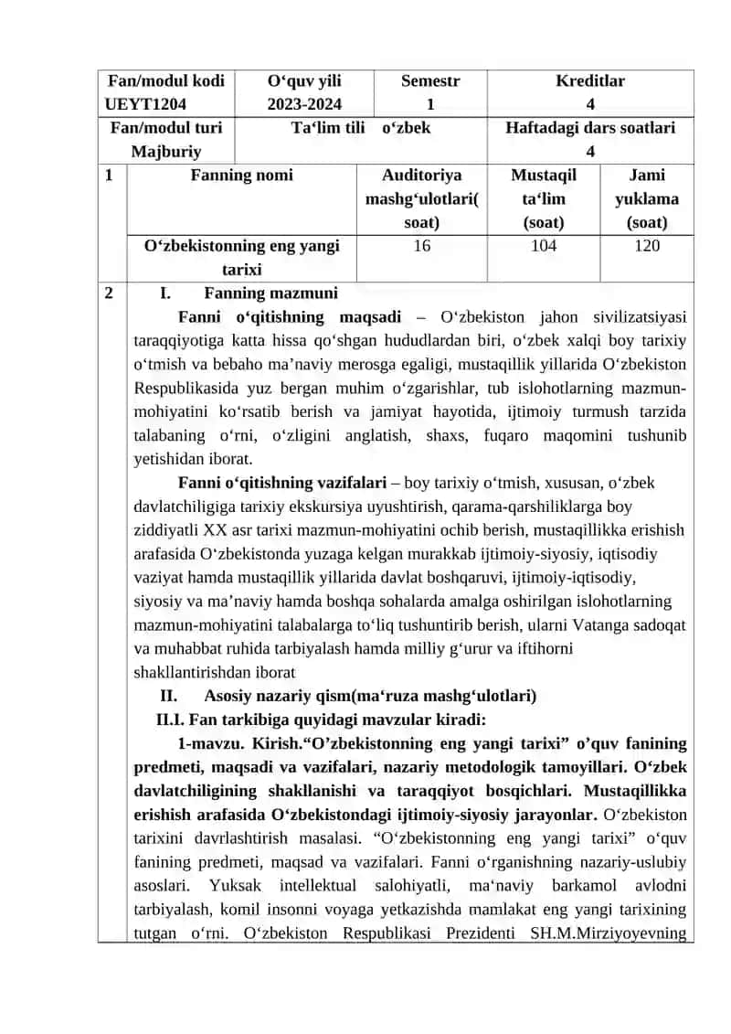 O‘zbekistonning eng yangi tarixi fanining o‘quv dasturi 2