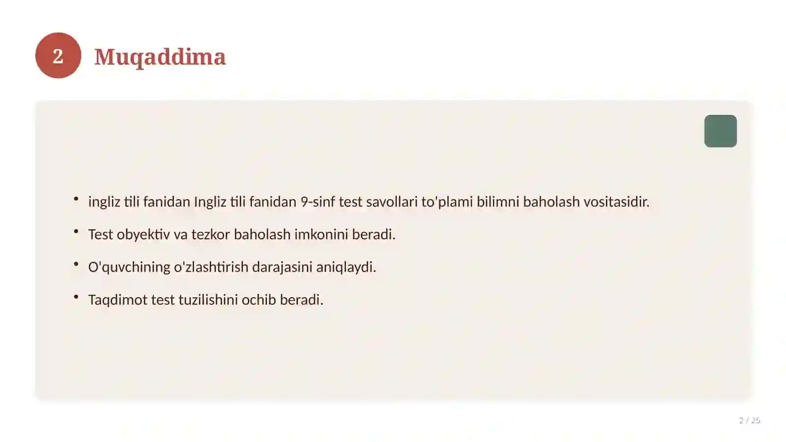 Ingliz tili fanidan 9-sinf test savollari to'plami 2