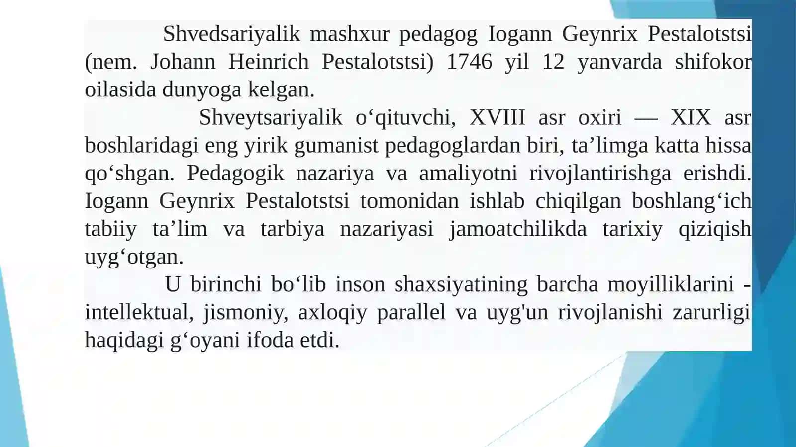 Iogann Geynrix Pestalotstsining pedagogik qarashlari 2