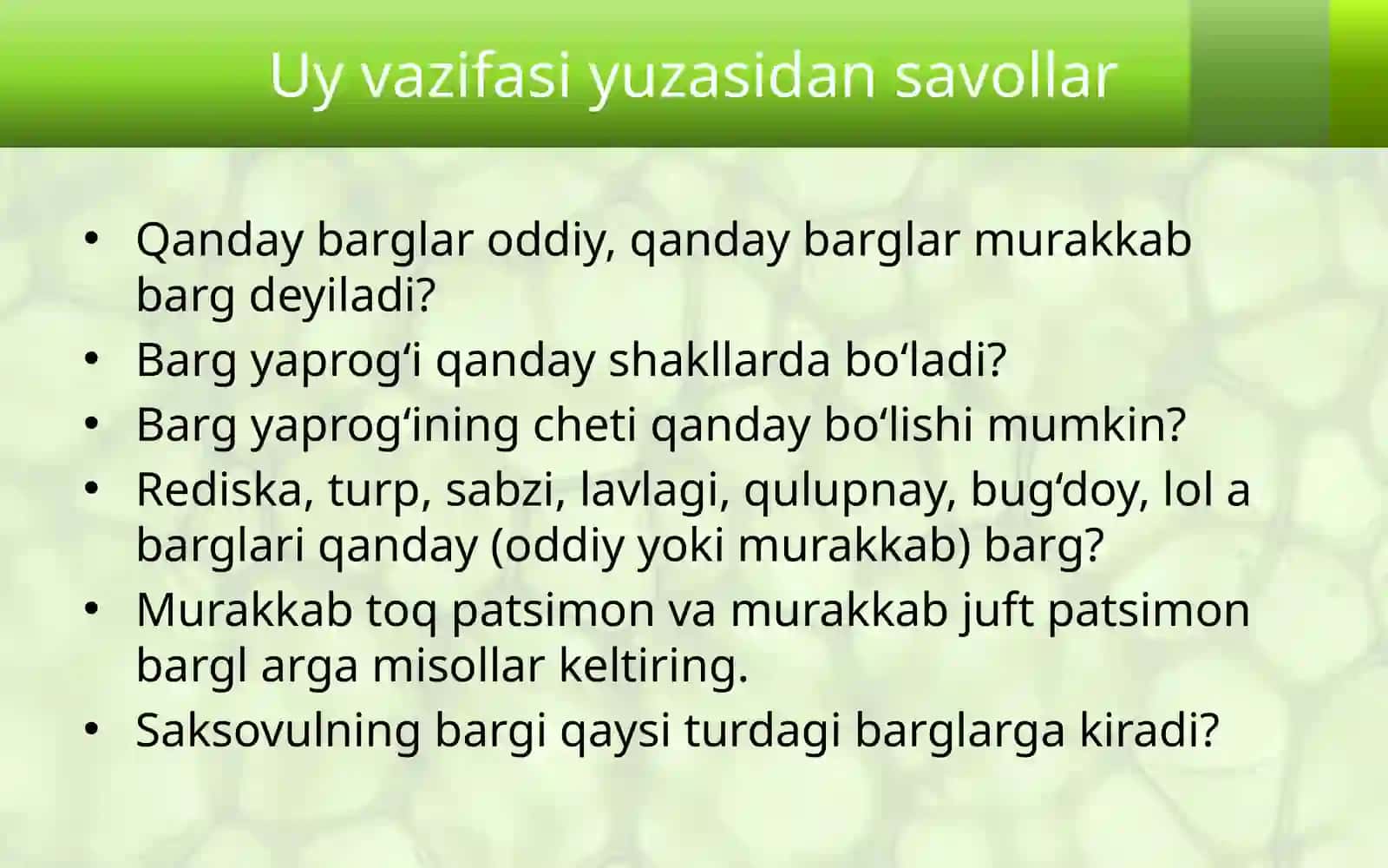 BARGLARDA ORGANIK MODDALARNING HOSIL BO‘LISHI 2