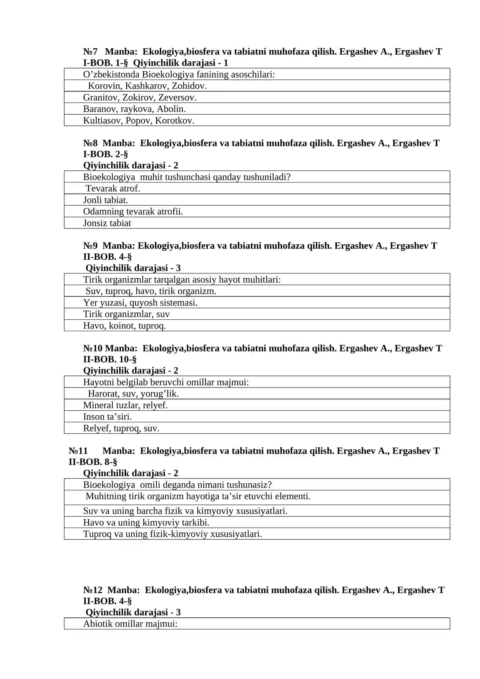 Bioekologiya fanidan testlar 2