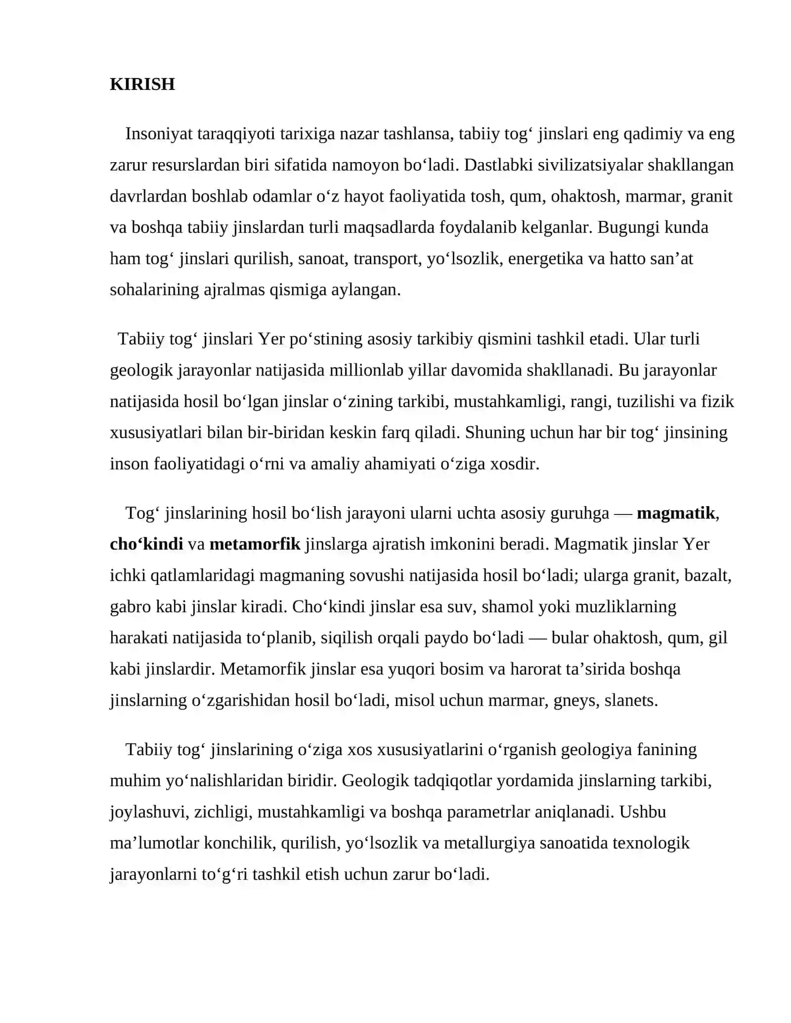 Tabiiy tog‘ jinslari, ularning xususiyatlari va ishlatilish sohalari 2
