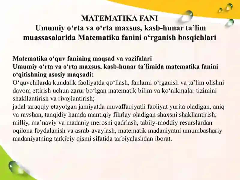 Matematika fanining o'qitilishi 2