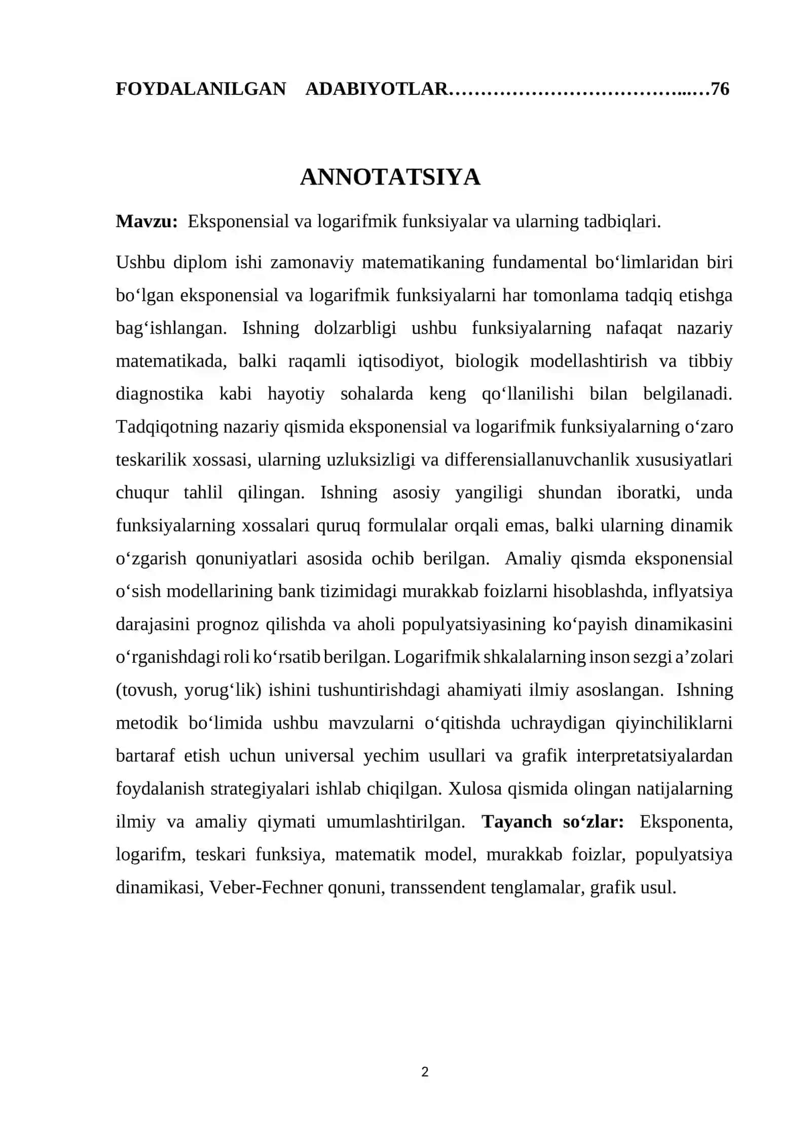 EKSPONENSIAL VA LOGARIFMIK FUNKSIYALAR VA ULARNING TADBIQLARI 2