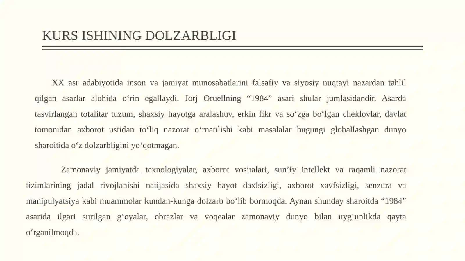Jorj Oruellning "1984" asarining mohiyati 2