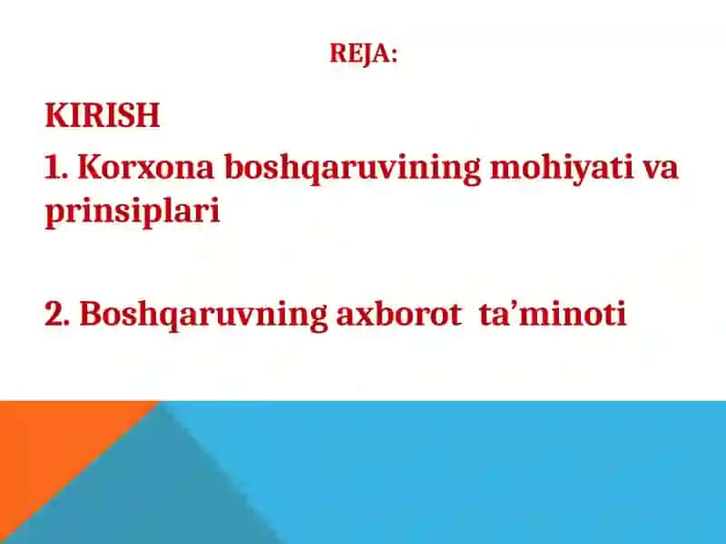 KORXONA FAOLIYATINI BOSHQARISH ASOSLARI 2