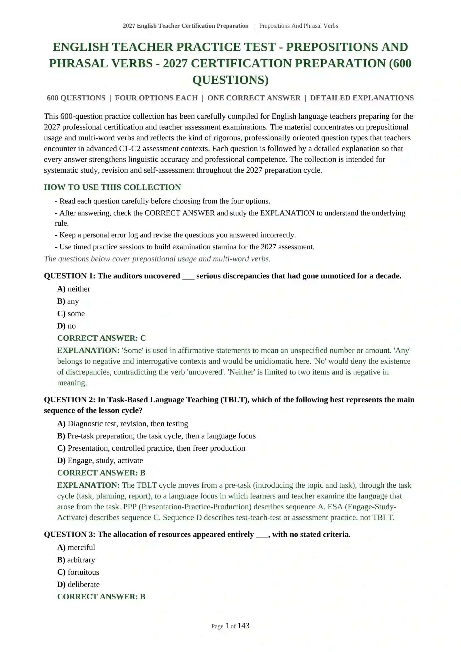 ENGLISH TEACHER PRACTICE TEST - PREPOSITIONS AND PHRASAL VERBS - 2027 CERTIFICATION PREPARATION 2