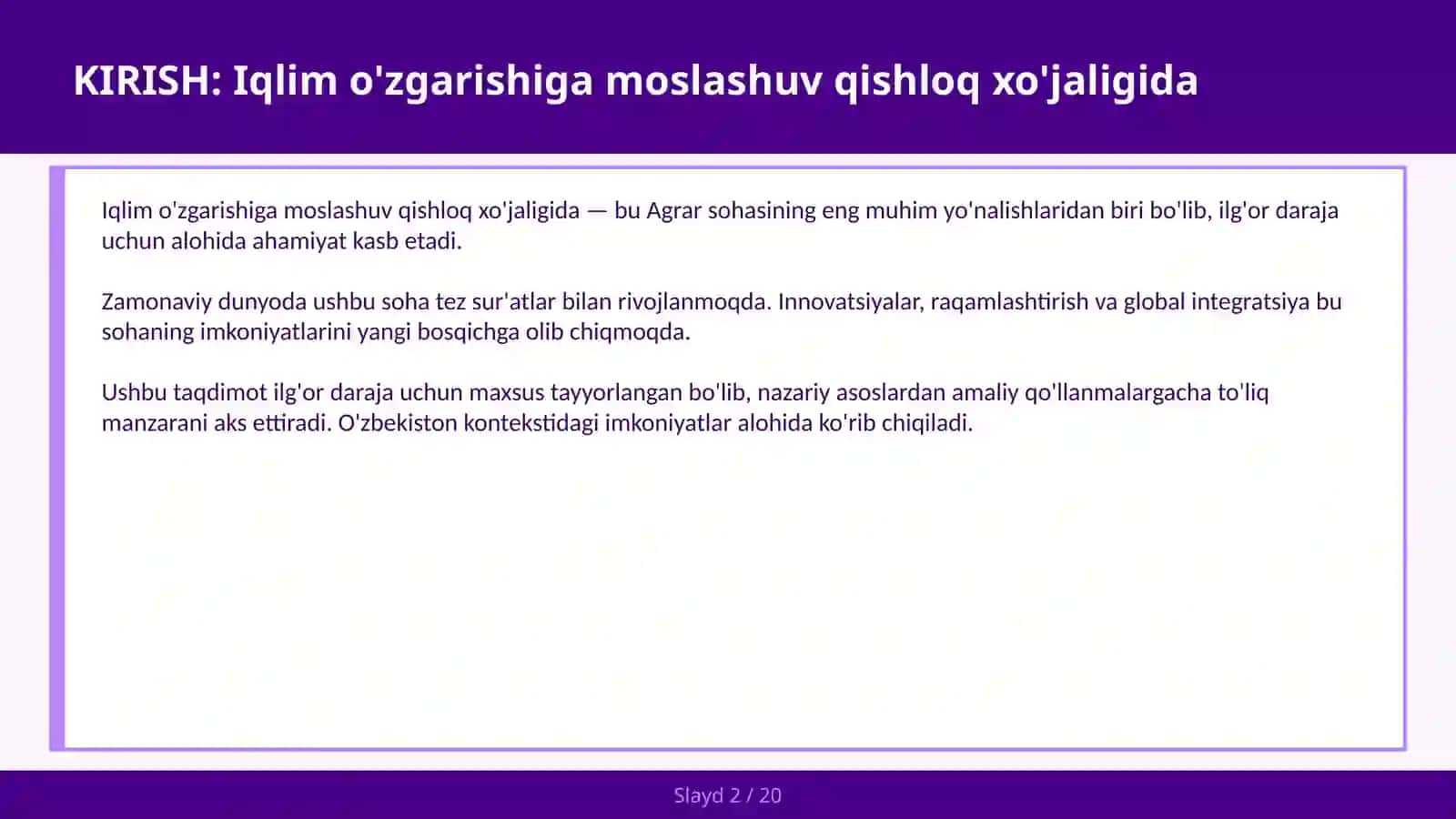 IQLIM O'ZGARISHIGA MOSLASHUV QISHLOQ XO'JALIGIDA 2