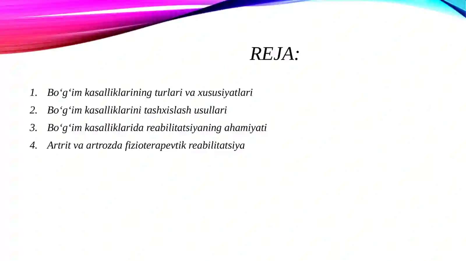 Boʻgʻim kasalliklarida (artrit, artroz) reabilitatsiya 2