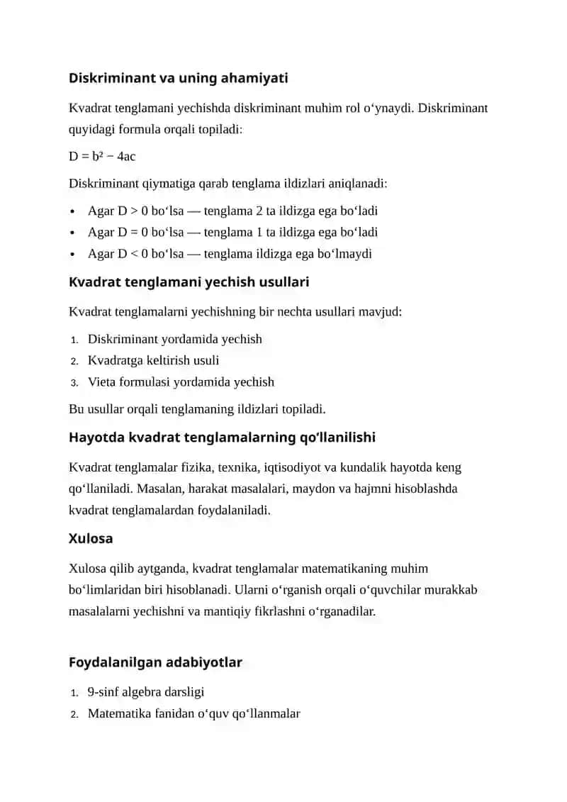 Matematika 9 sinf kvadrat tenglamalar 2