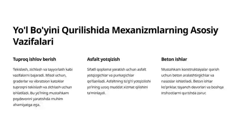 Yo'l Bo'yini Qurilishida Yetakchi Mexanizmlarni Tanlash Asoslari 2