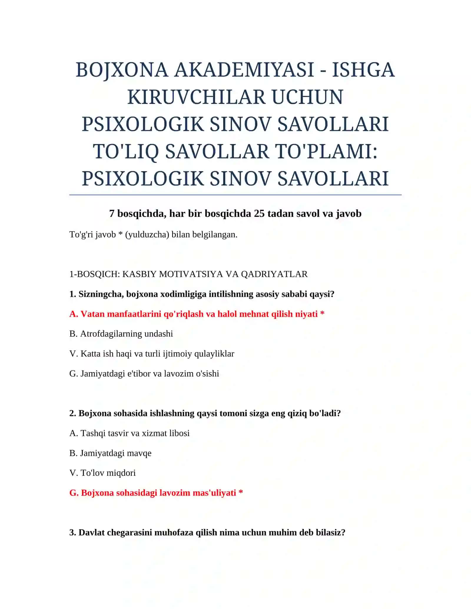 PSIXOLOGIK SINOV SAVOLLARI 2