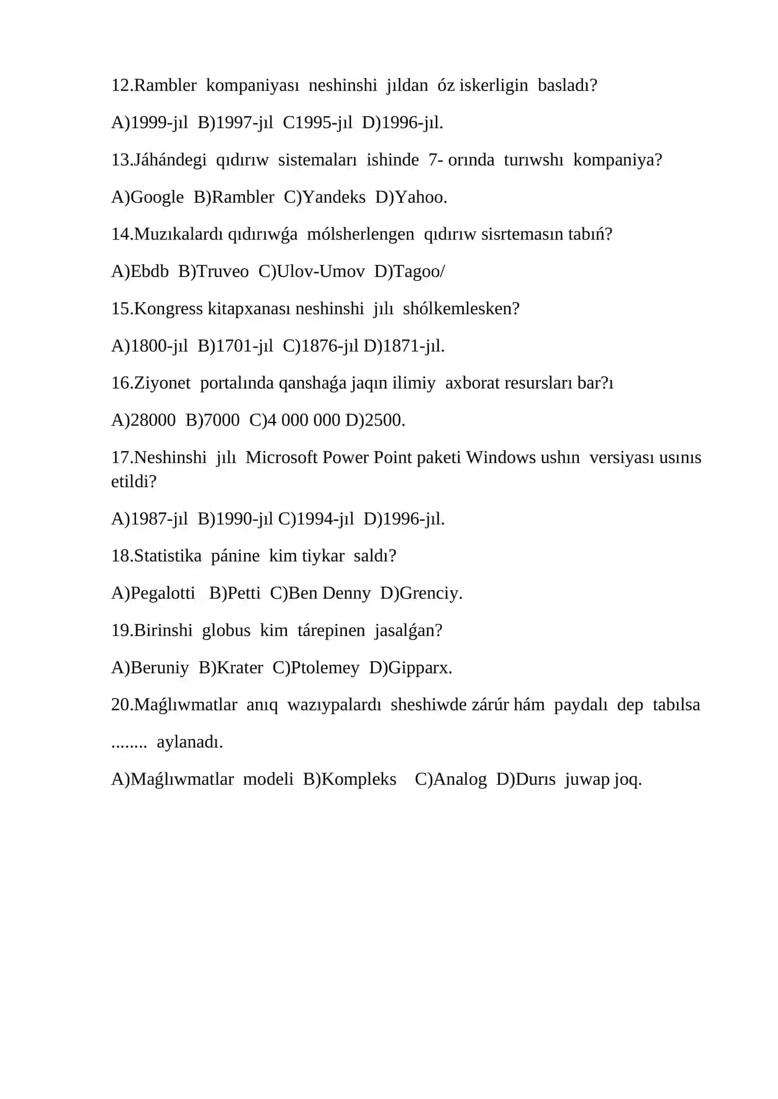 Sanlı táriyx páninen test sorawlar 2