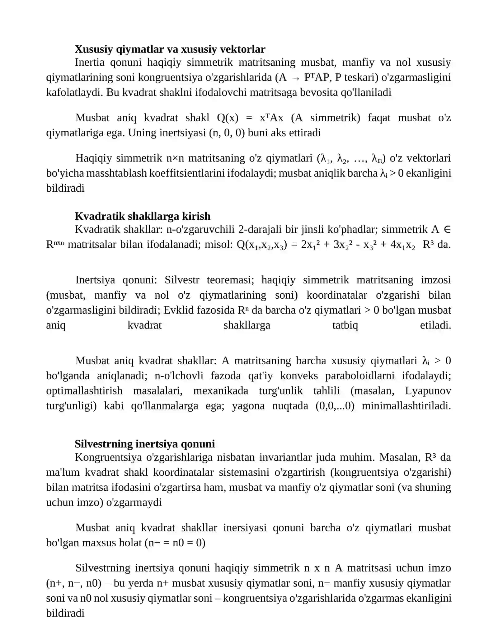 Musbat aniqlangan kvadratik formalar inertsiya qonuni 2