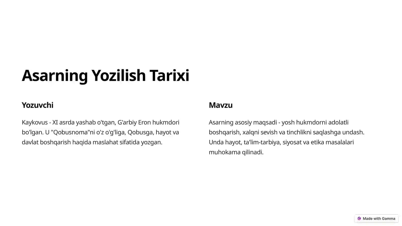 Qobusnoma: Barkamol Inson Tarbiyasi 2