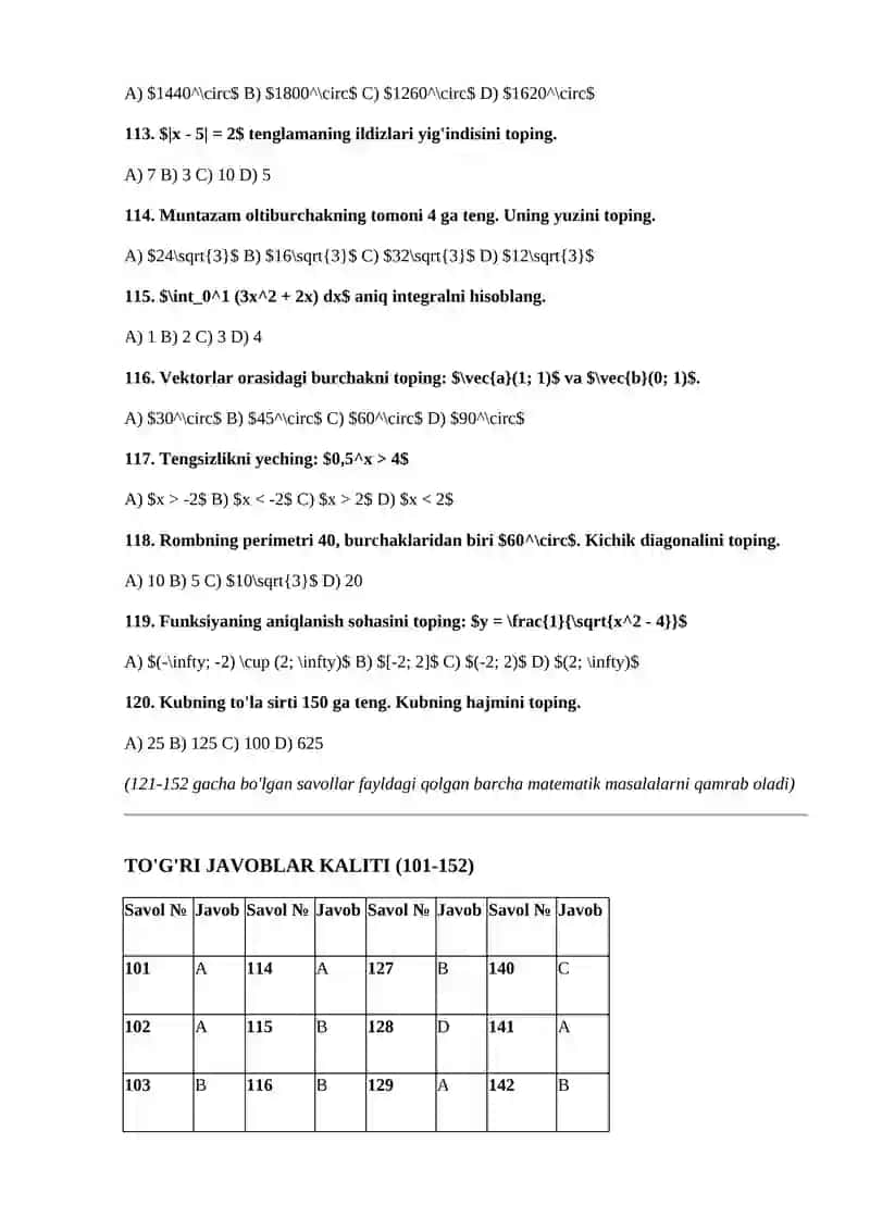 MATEMATIKA DTM 2025 TEST SAVOLLARI (101-152) 3- QISM 2