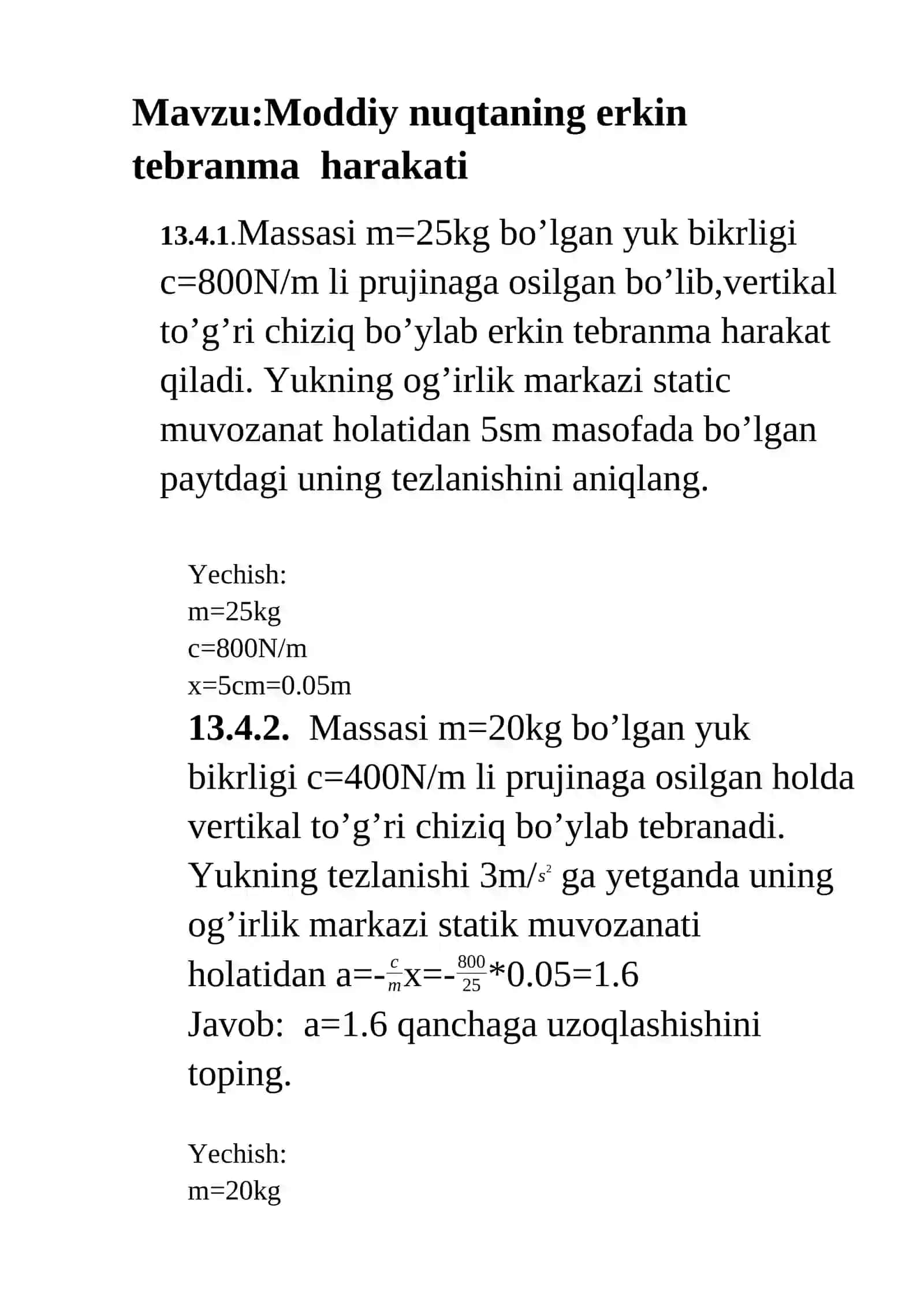 Moddiy nuqtaning erkin tebranma harakati 2
